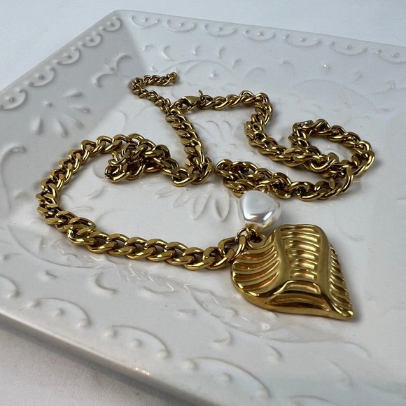 Heart Pearl Chunky Choker Necklace for Women Gold Statement Necklace Thick Chain - Picture 4 of 7